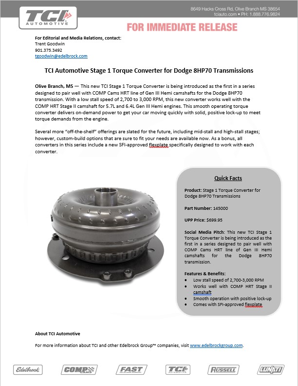 TCI Automotive Stage 1 Torque Converter for Dodge 8HP70 Transmissions